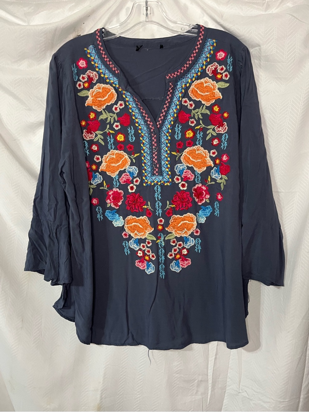 Embroidered Floral Navy Women’s Tunic Top Boho Festival. 1X
